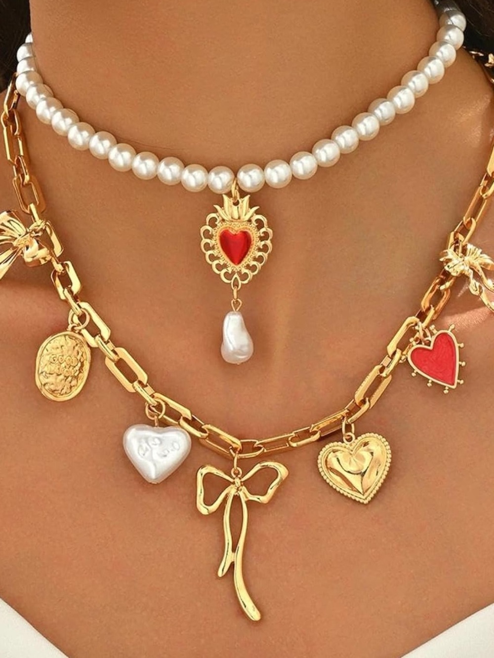 Anthropologie Gold-Tone Layered Necklace with Red Heart & Pearl